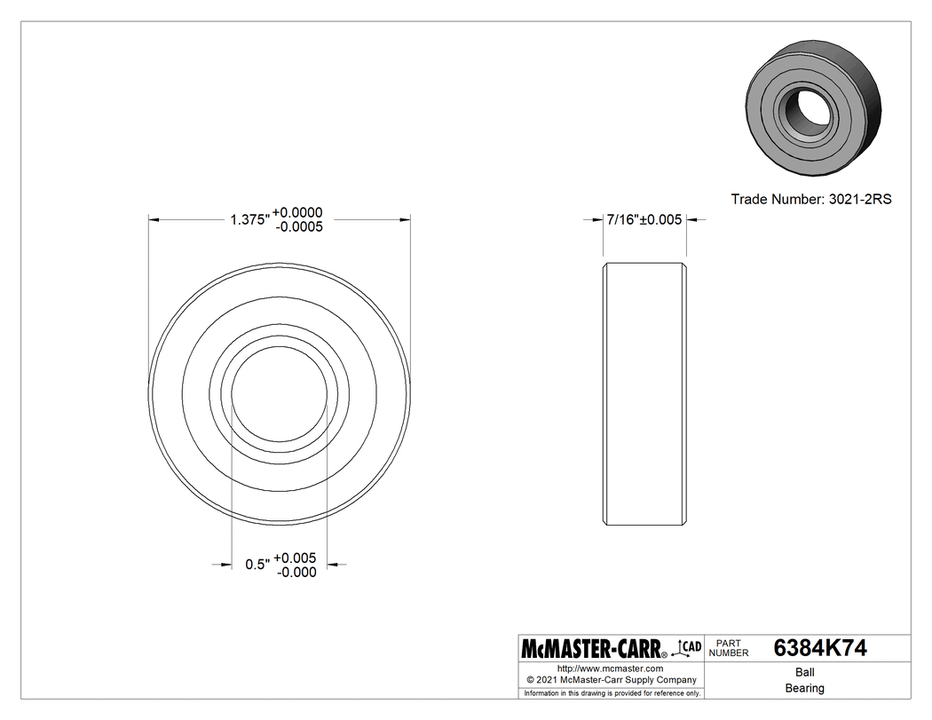 Technical Drawing of Steel Ball Bearing, Sealed, Trade No. 3021-2RS, for 1/2" Shaft Diameter.